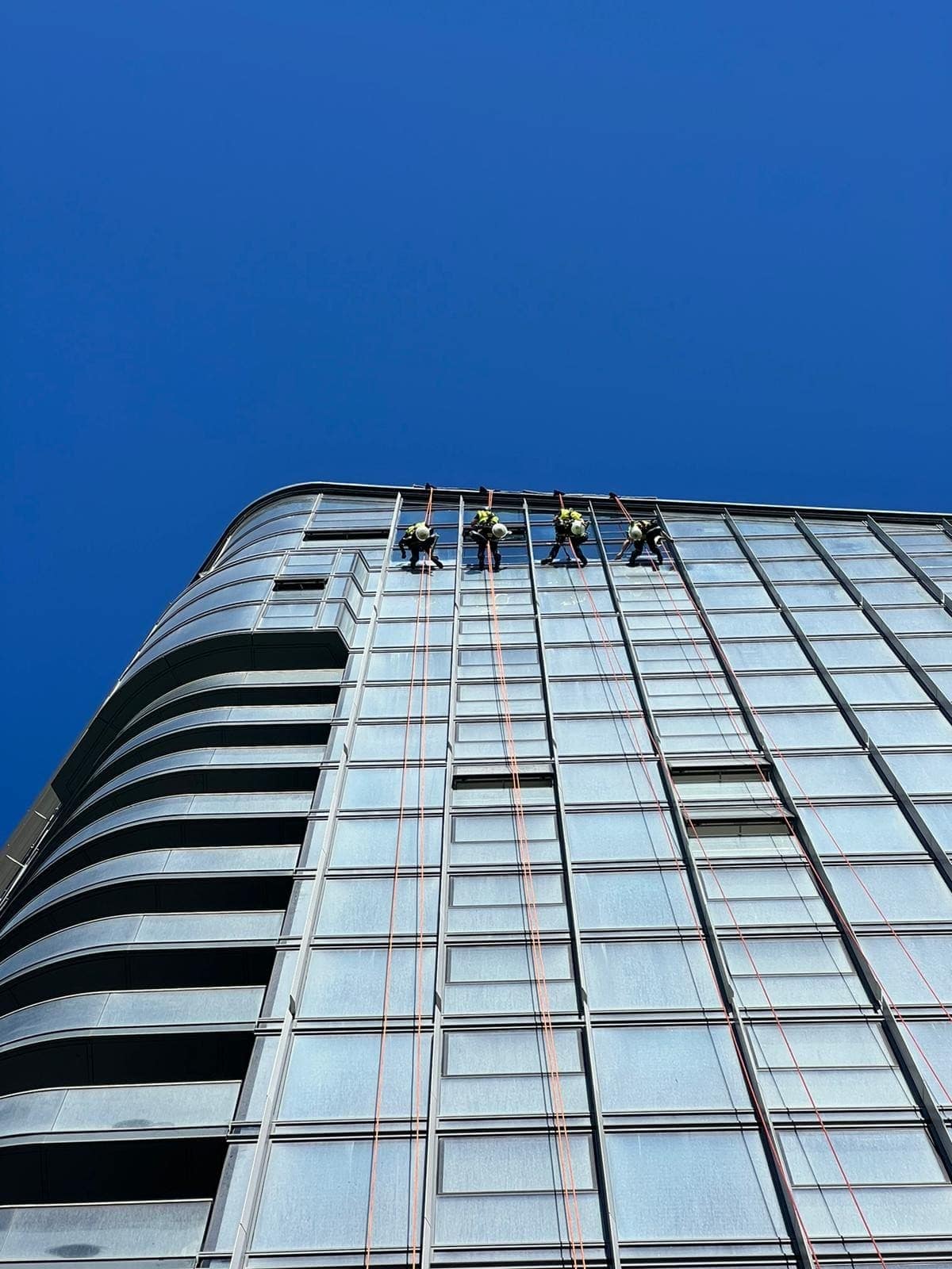 A BOVI Access team descending the glazed elevation of a high-rise tower on ropes